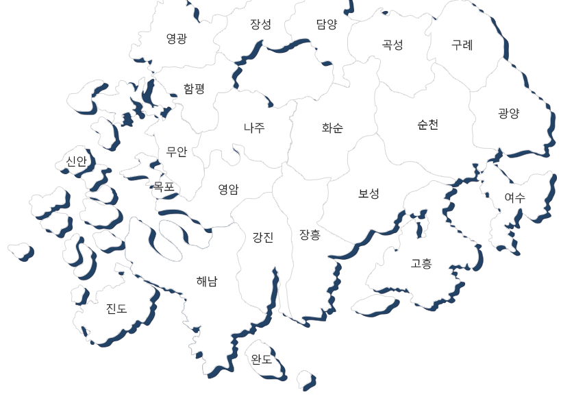 전라남도 지도 : 왼쪽부터 영광, 함평, 무안, 목포, 신안, 진도, 해남, 영암, 장성, 나주, 강진, 담양, 화순, 장흥, 곡성,순천, 보성, 고흥, 구례, 광양, 여수